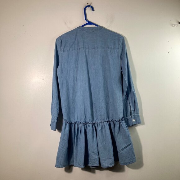 Womens Belle Tweed Chambray Denim Dress Peplum Long Sleeve M Blue Cotton Button - Picture 2 of 5